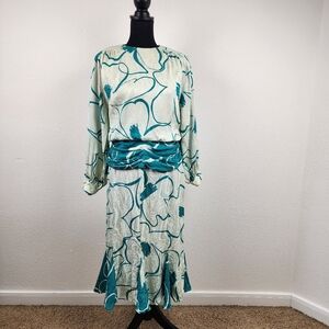 Issa Pure Silk Long Sleeve Midi Dress Abstract Print Ruched Size 8 Avant Garde